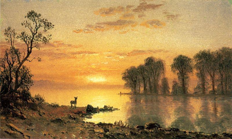 Albert Bierstadt Sunset, Deer and River oil painting picture